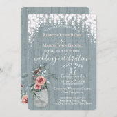 青い輝きと花の瓶素朴結婚 招待状 (正面/裏面)