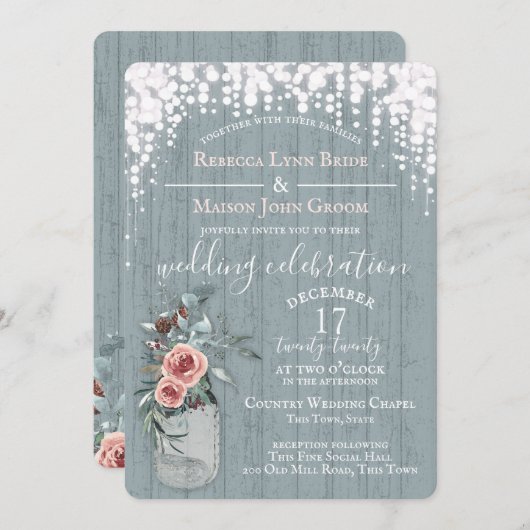 青い輝きと花の瓶素朴結婚 招待状 (正面/裏面)