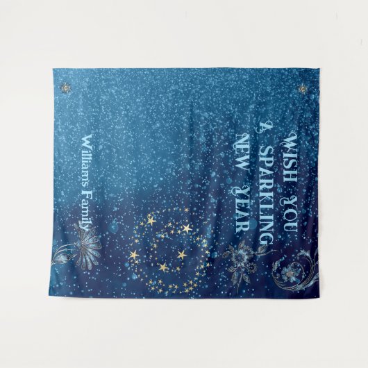 青い輝きの新年グリッター チェア スターズ フローラル タペストリー (正面(横))