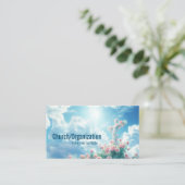 青い輝く空にピンクのバラと交差 名刺 (スタンド正面)