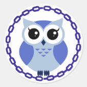 青い輪の中の青い漫画のフクロウ ラウンドシール (正面)