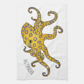 青い輪をつけたタコの漫画イラストレーション キッチンタオル (縦)