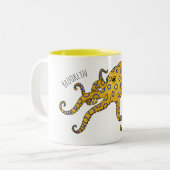 青い輪をつけたタコの漫画イラストレーション ツートーンマグカップ (正面左)