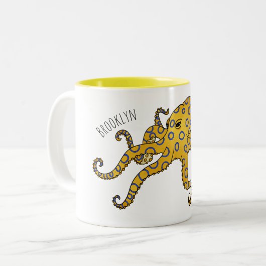 青い輪をつけたタコの漫画イラストレーション ツートーンマグカップ (正面左)