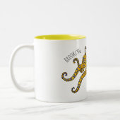 青い輪をつけたタコの漫画イラストレーション ツートーンマグカップ (左)