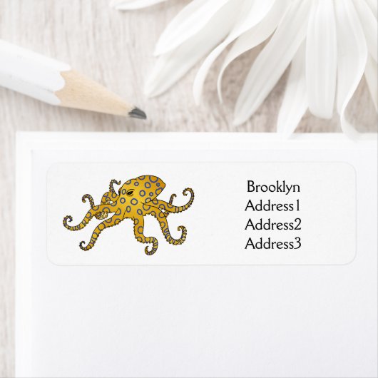 青い輪をつけたタコの漫画イラストレーション ラベル (インサイチュ)