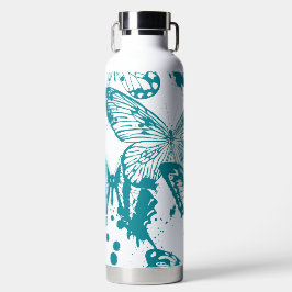 青い輪郭の美しい蝶のレンダリング ウォーターボトル