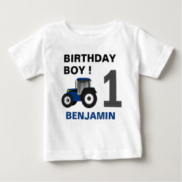 青い農場のトラクターの子供の誕生日パーティー ベビーTシャツ