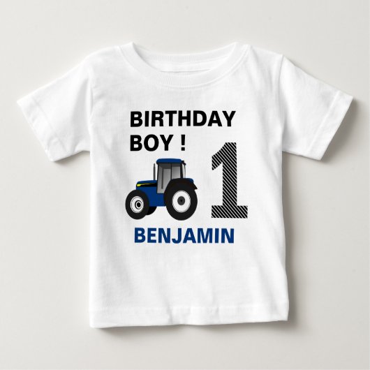 青い農場のトラクターの子供の誕生日パーティー ベビーTシャツ (正面)