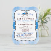 青い農場のトラクターの男の子のベビーシャワー招待状 招待状 (スタンド正面)