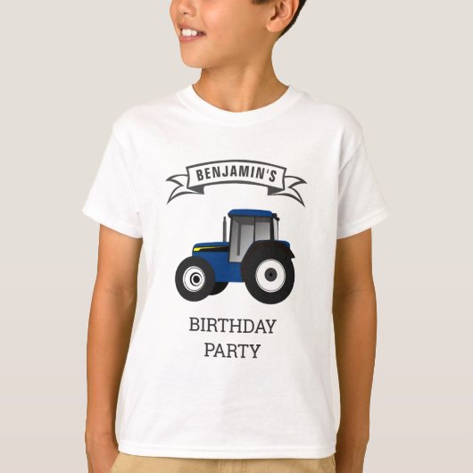 青い農場のトラクター 子供の誕生日パーティー Tシャツ (正面)