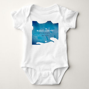青い農村の水彩画のジーンズの質感に名前を追加 ベビーボディスーツ