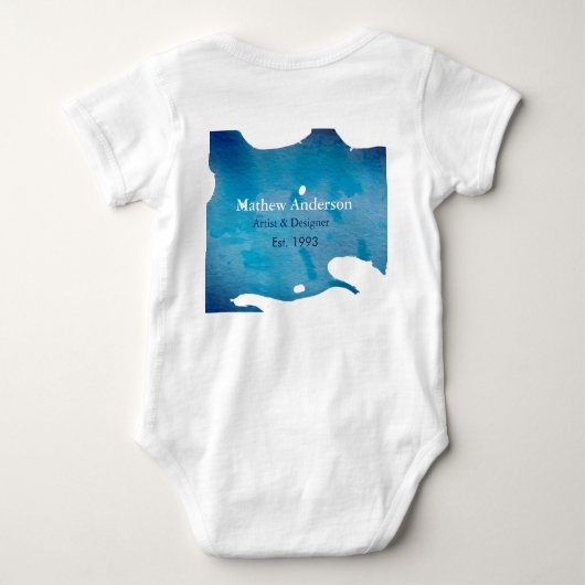 青い農村の水彩画のジーンズの質感を追加 名前 タイトル ベビーボディスーツ (裏面)