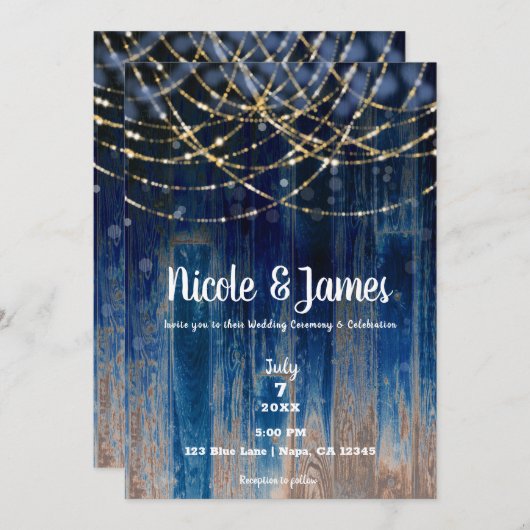 青い農村の海岸の納屋の木のぼけ光のウェディング 招待状 (正面/裏面)