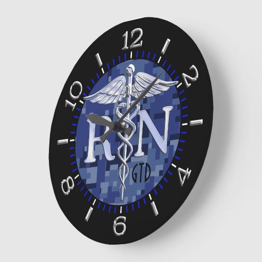 青い迷彩柄のナースRNのケリュケイオンのモノグラムのダイヤルのスタイル ラージ壁時計 (傾斜)