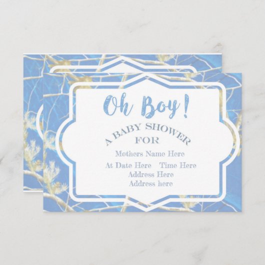 青い迷彩柄のベビーシャワー 招待状 (正面/裏面)