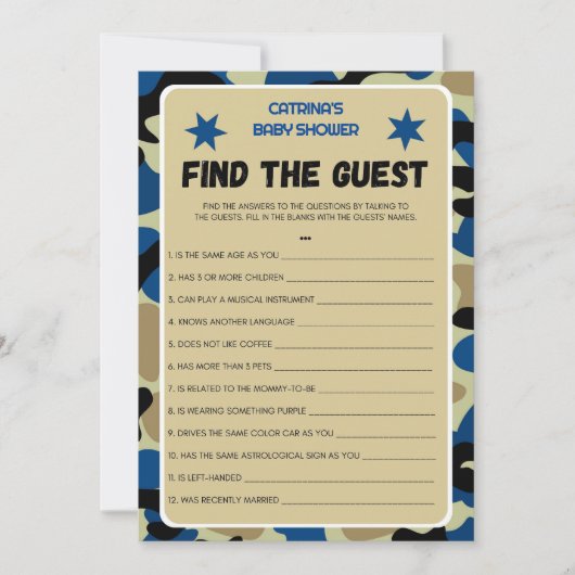 青い迷彩柄ベビーシャワー – 編集可能な名前、5 x 7 招待状 (正面)