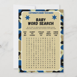 青い迷彩柄ベビーシャワー – 編集可能な名前、5 x 7 招待状