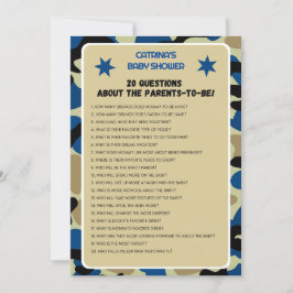 青い迷彩柄ベビーシャワー – 編集可能な名前、5 x 7 招待状