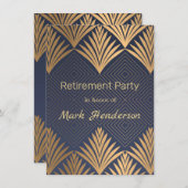 青い退職パーティーのアール・デコの金葉 招待状 (正面/裏面)