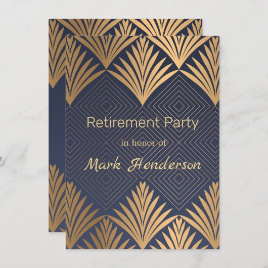 青い退職パーティーのアール・デコの金葉 招待状 (正面/裏面)