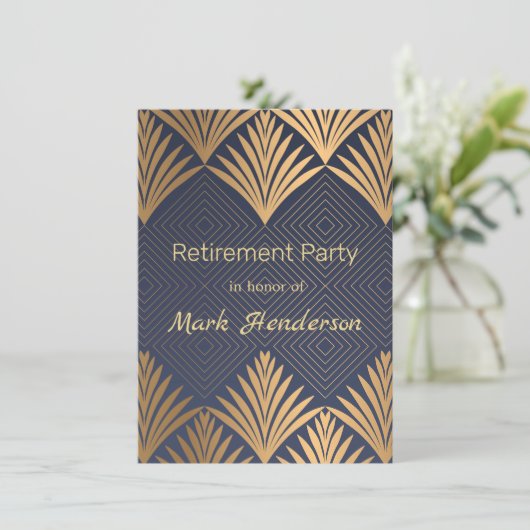 青い退職パーティーのアール・デコの金葉 招待状 (スタンド正面)