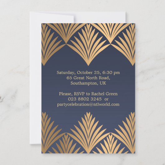 青い退職パーティーのアール・デコの金葉 招待状 (裏面)