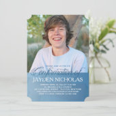 青い透明なパネルが写真に重なる確認のお知らせ写真招待状 招待状 (スタンド正面)