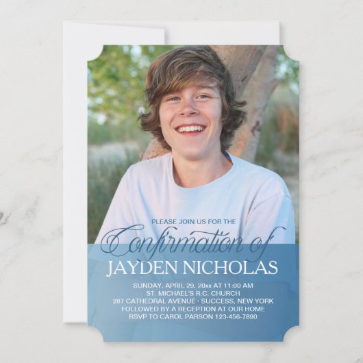 青い透明なパネルが写真に重なる確認のお知らせ写真招待状 招待状 (正面)