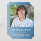 青い透明なパネルが写真に重なる確認のお知らせ写真招待状 招待状 (正面/裏面)