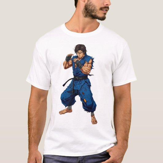 青い道着の強力な武道家 - 筋肉質の戦士 Tシャツ (正面)