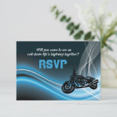 青い道路バイクの結婚式の出欠返信カード 出欠カード (スタンド正面)