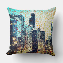 青い都市建物モザイクスタイルとレリーフ、 浮き彫り クッション