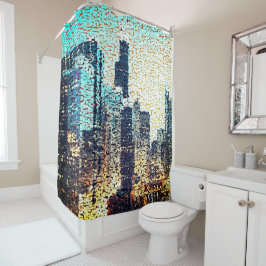 青い都市建物モザイクスタイルとレリーフ、 浮き彫り シャワーカーテン