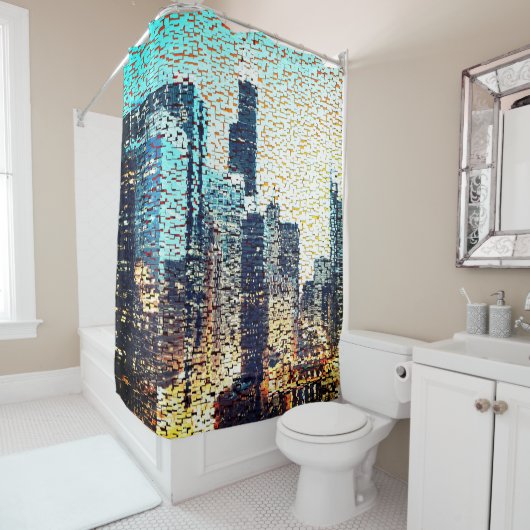 青い都市建物モザイクスタイルとレリーフ、 浮き彫り シャワーカーテン (インサイチュ)