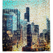 青い都市建物モザイクスタイルとレリーフ、 浮き彫り シャワーカーテン (正面)