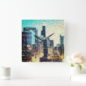 青い都市建物モザイクスタイルとレリーフ、 浮き彫り スクエア壁時計 (ホーム)