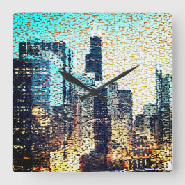 青い都市建物モザイクスタイルとレリーフ、 浮き彫り スクエア壁時計