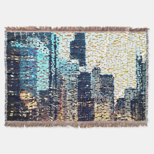 青い都市建物モザイクスタイルとレリーフ、 浮き彫り スローブランケット (正面)