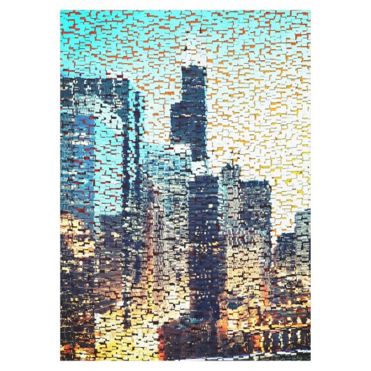 青い都市建物モザイクスタイルとレリーフ、 浮き彫り テーブルクロス (正面)