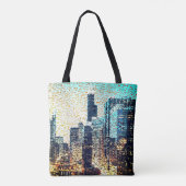 青い都市建物モザイクスタイルとレリーフ、 浮き彫り トートバッグ (裏面)