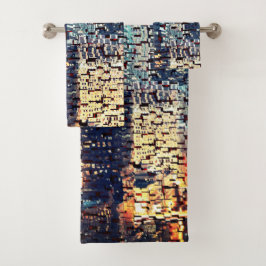 青い都市建物モザイクスタイルとレリーフ、 浮き彫り バスタオルセット
