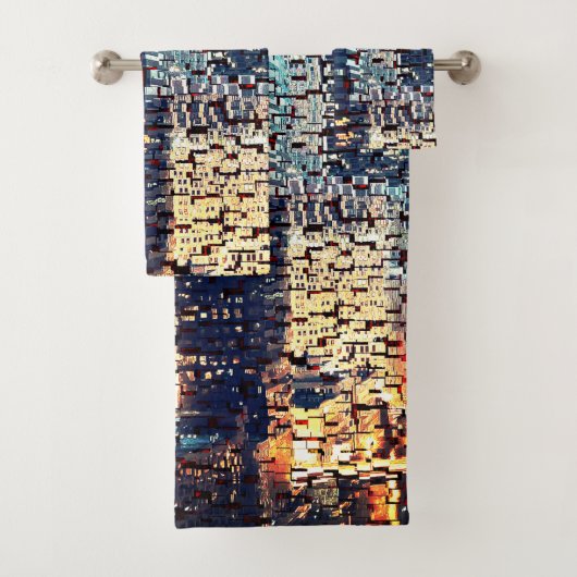 青い都市建物モザイクスタイルとレリーフ、 浮き彫り バスタオルセット (インサイチュ)
