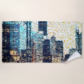 青い都市建物モザイクスタイルとレリーフ、 浮き彫り ビーチタオル (正面)