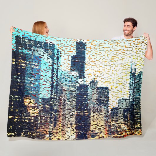 青い都市建物モザイクスタイルとレリーフ、 浮き彫り フリースブランケット (インサイチュ)