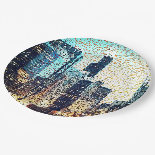 青い都市建物モザイクスタイルとレリーフ、 浮き彫り ペーパープレート (アングル)