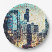 青い都市建物モザイクスタイルとレリーフ、 浮き彫り ペーパープレート (正面)