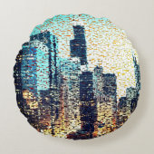 青い都市建物モザイクスタイルとレリーフ、 浮き彫り ラウンドクッション (正面)