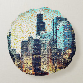 青い都市建物モザイクスタイルとレリーフ、 浮き彫り ラウンドクッション