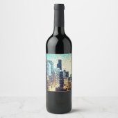 青い都市建物モザイクスタイルとレリーフ、 浮き彫り ワインラベル (正面)